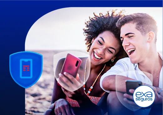 Banner TIM + EXA Seguros com casal sorrindo e ícones de proteção contra danos, roubos e furtos.