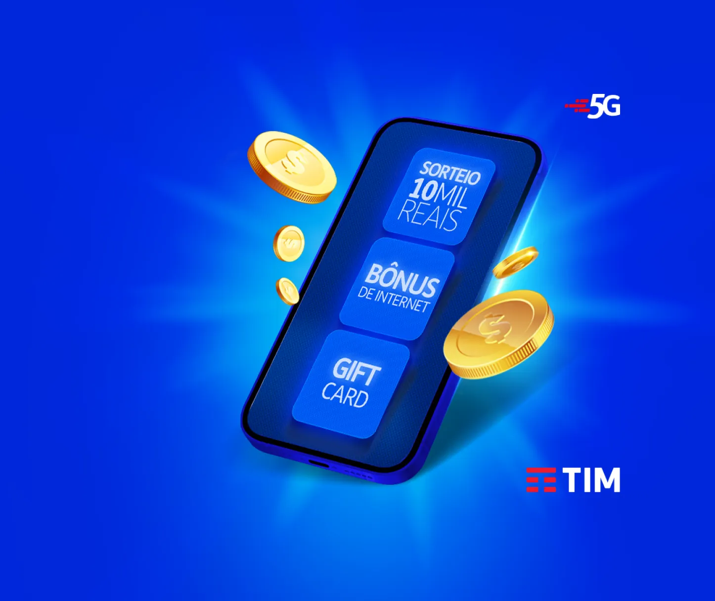 Celular exibindo bônus de internet, sorteio de R$10 mil e Gift Card, com moedas ao redor.