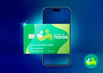 Cartão do Cartão de TODOS acima de celular e logotipo do serviço ao lado